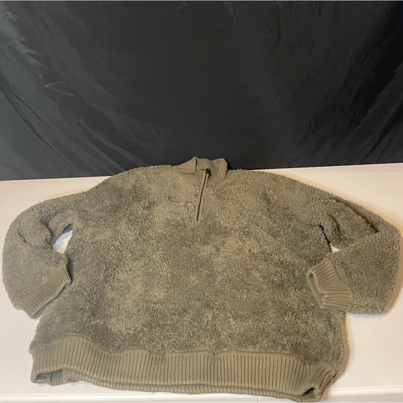 NWT Barefoot Dreams CozyChic Olive Shearling 1/2 Zip Pullover Sweater XXL - Picture 2 of 4